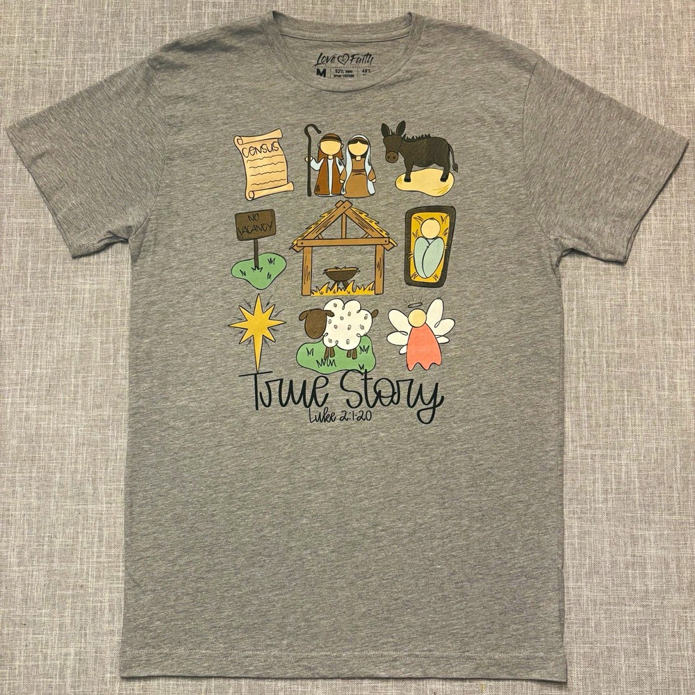 Love in Faith Women's M Gray True Story Luke 2:1-20 Christian Christmas T-Shirt
